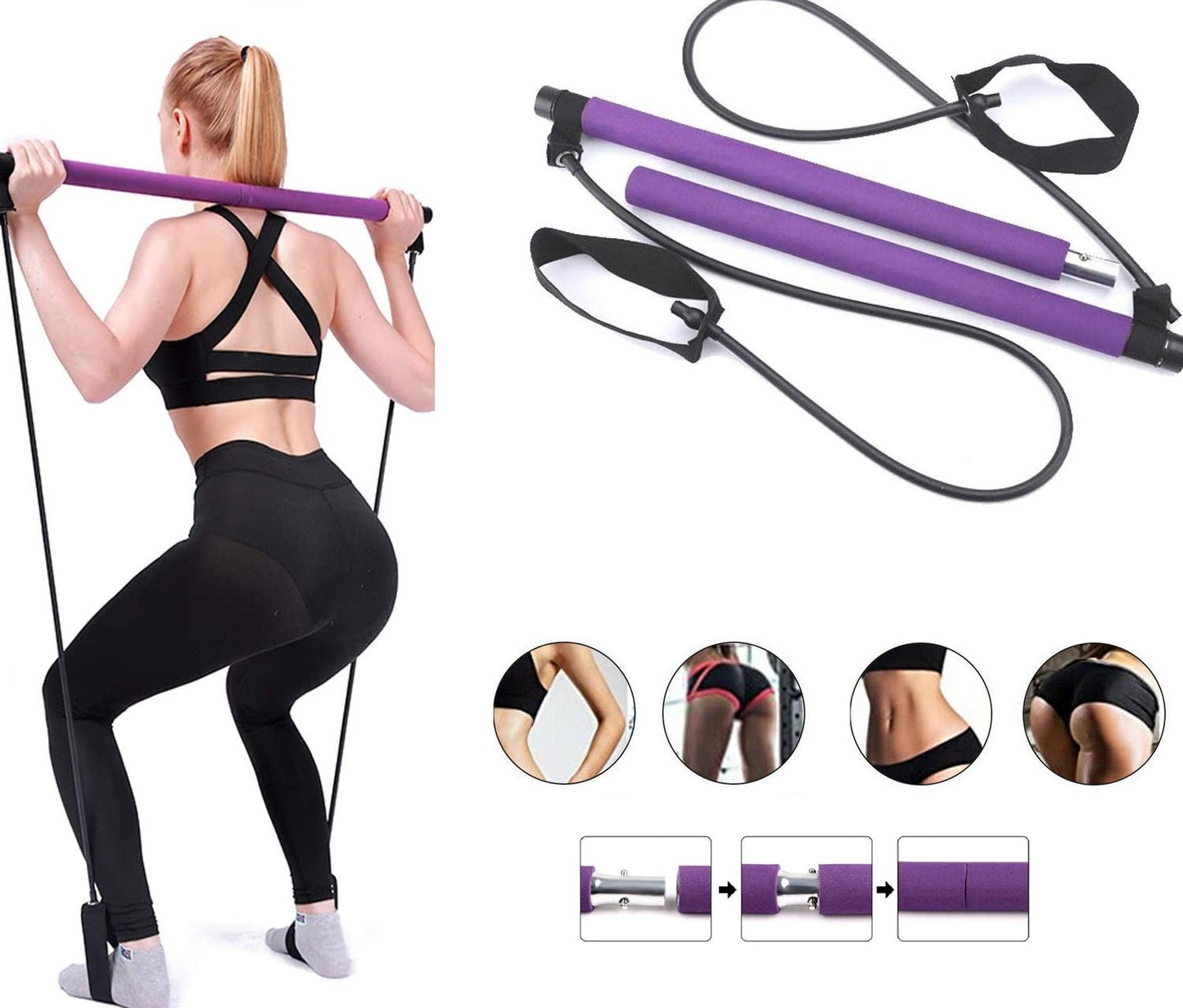 Adjustable Pilates Bar Kit - Resistance Band Exercise Stick - home • office • health