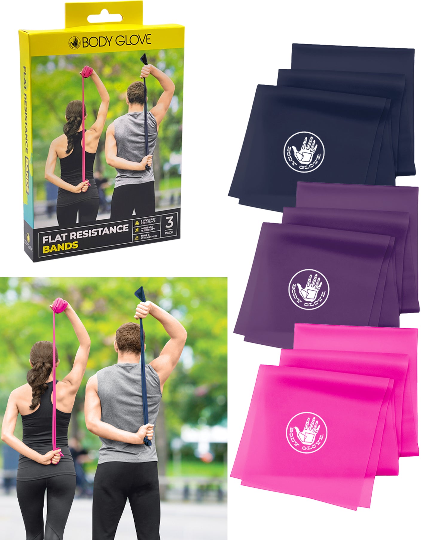 Body Glove 3 Pack Flat Resistance Bands For Upper and Lower Body - home • office • health