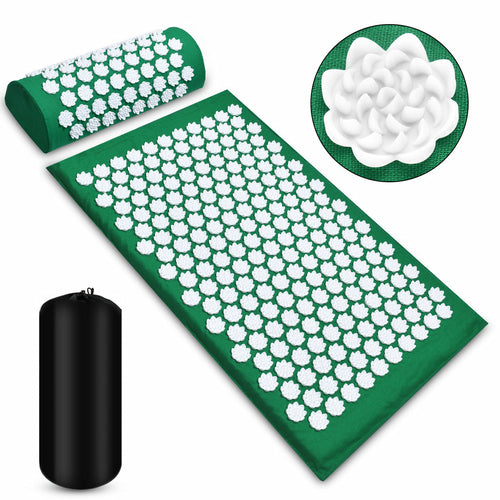 Green Acupressure Mat - with gentle white lotus, set comes with body mat, neck pillow, carrying bag - pain gates theory, pain relief, acupressure - home office health