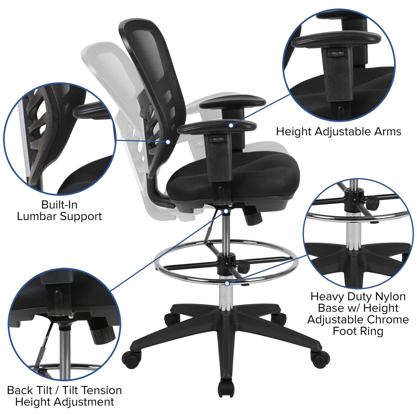 Mid-Back Black Mesh Ergonomic Drafting Chair - home • office • health