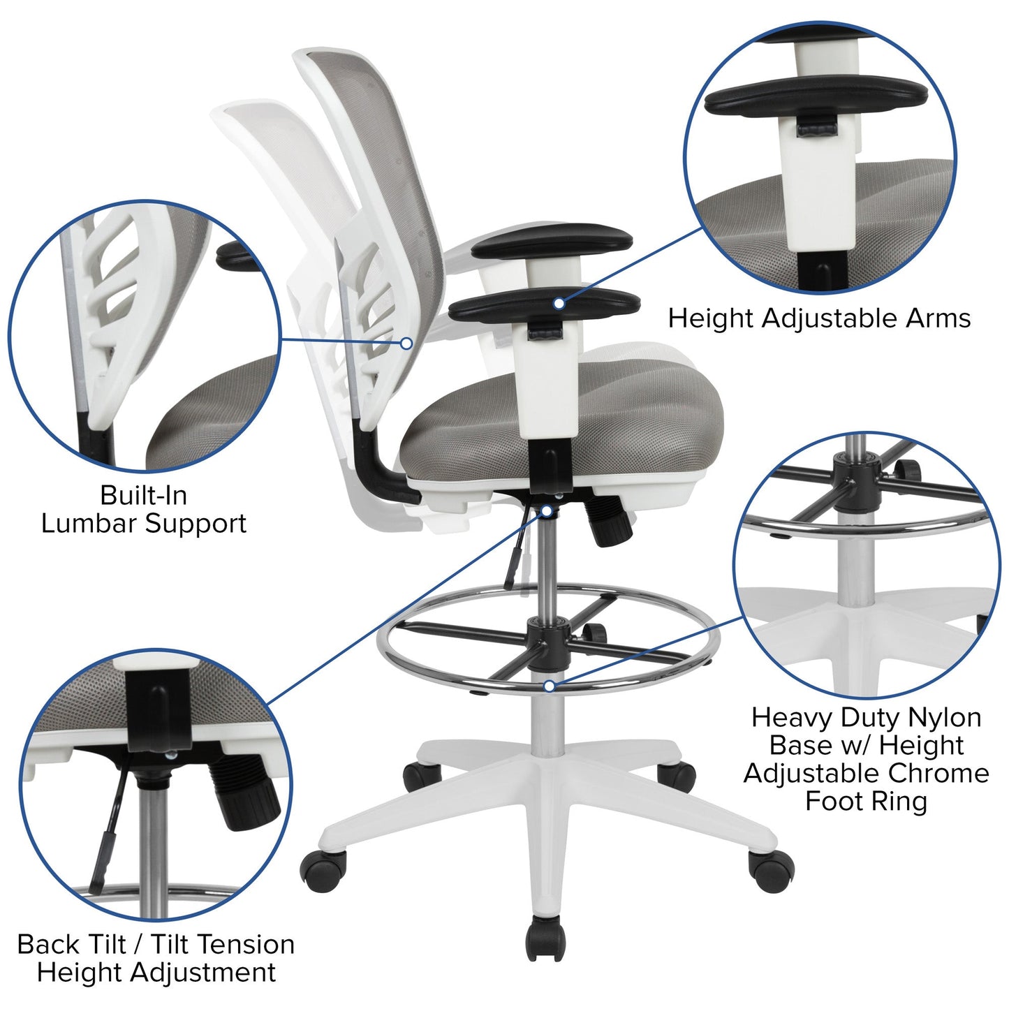 Mid-Back Light Gray Mesh Ergonomic Drafting Chair - home • office • health