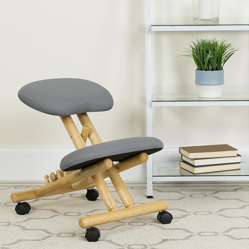 Mobile Wooden Ergonomic Kneeling Office Chair in Gray Fabric - home • office • health