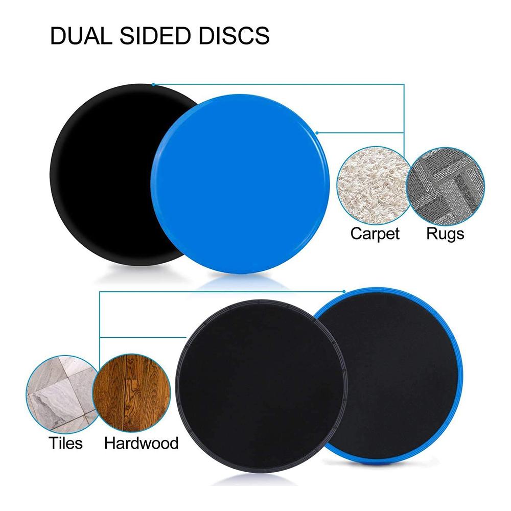 19 Piece Workout Set includes two dual sided slider discs, the dual sides make them usable everywhere, carpets, rugs, tiles, hardwood - home office health