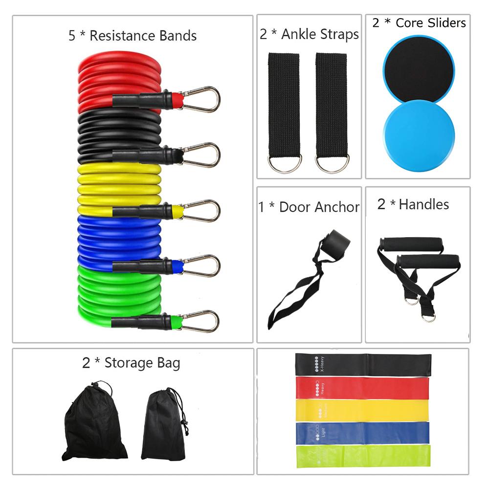 5 resistance bands, 5 stretching sleeves, 2 ankle straps, 2 core sliders, 1 door anchor, 2 handles, 2 storage bags - home office health