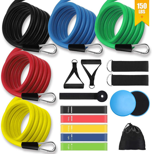 19 Piece Workout Set - Resistance Bands, Exercise Bands, Core Sliders, and Door Anchor - home office health