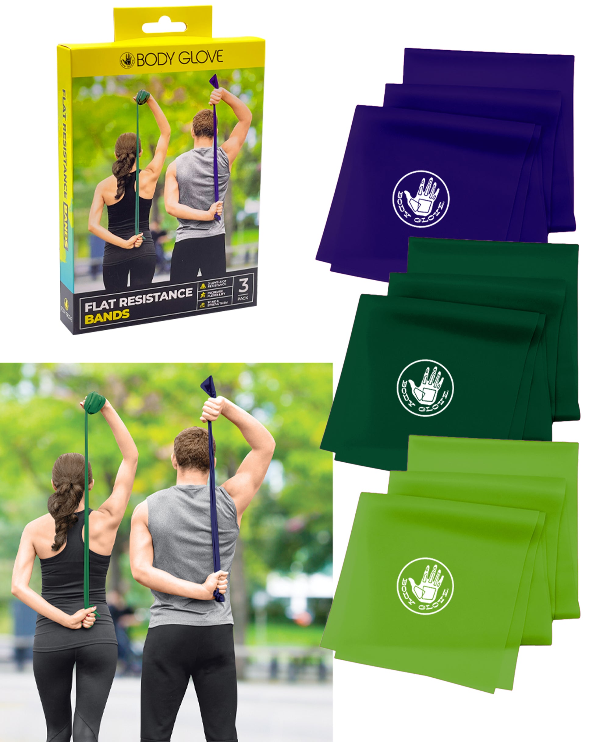 Body Glove 3 Pack Flat Resistance Bands For Upper and Lower Body - home • office • health