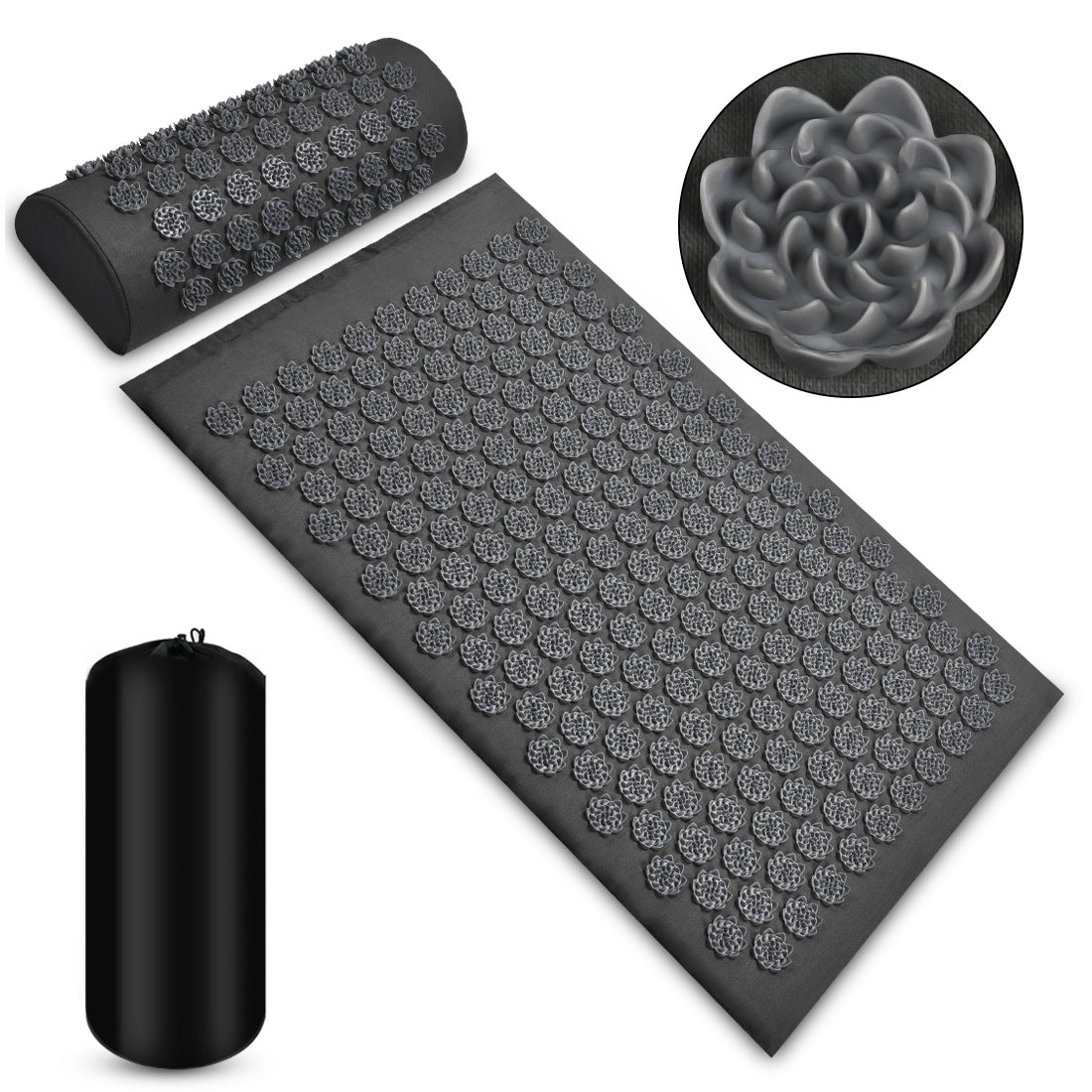 Grey Acupressure Mat with gentle grey lotus, set comes with body mat, neck pillow, carrying bag - pain gates theory, pain relief, acupressure - home • office • health