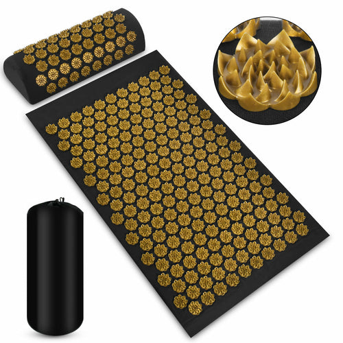 Black Acupressure Mat with high intensity gold lotus, set comes with body mat, neck pillow, carrying bag - pain gates theory, pain relief, acupressure - home office health
