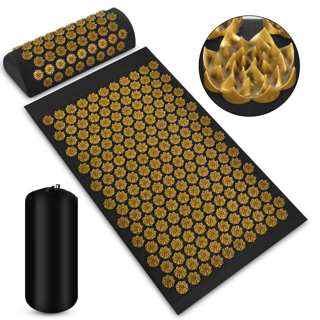 Acupressure Mat - home • office • health - black and gold mat, set comes with mat, pillow, and black carrying bag, acupressure, acupuncture, pain relief mat