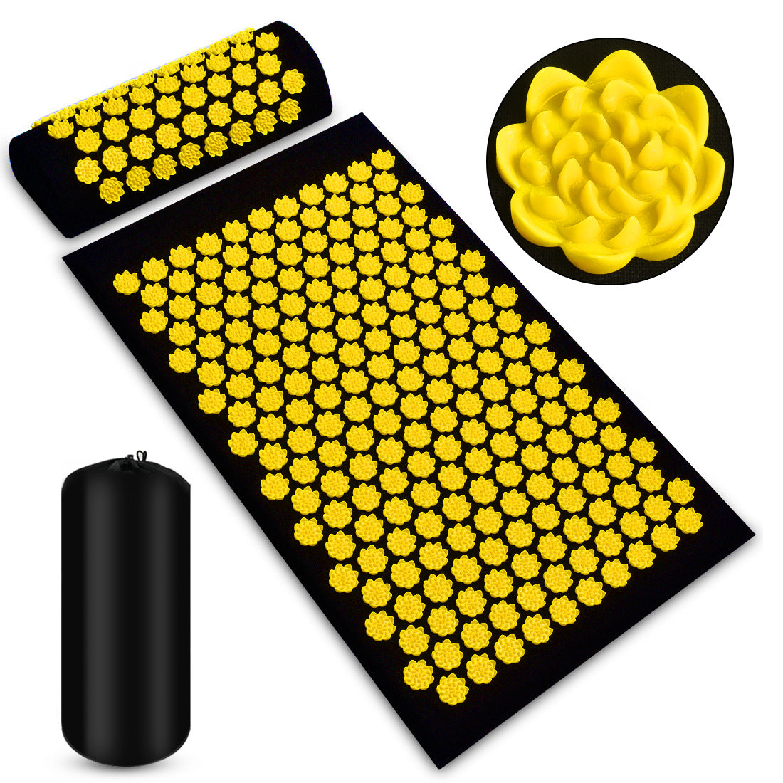 black Acupressure Mat with gentle yellow lotus, set comes with body mat, neck pillow, carrying bag - pain gates theory, pain relief, acupressure - home office health