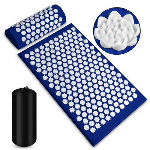 Blue Acupressure Mat with gentle white lotus, set comes with body mat, neck pillow, carrying bag - pain gates theory, pain relief, acupressure