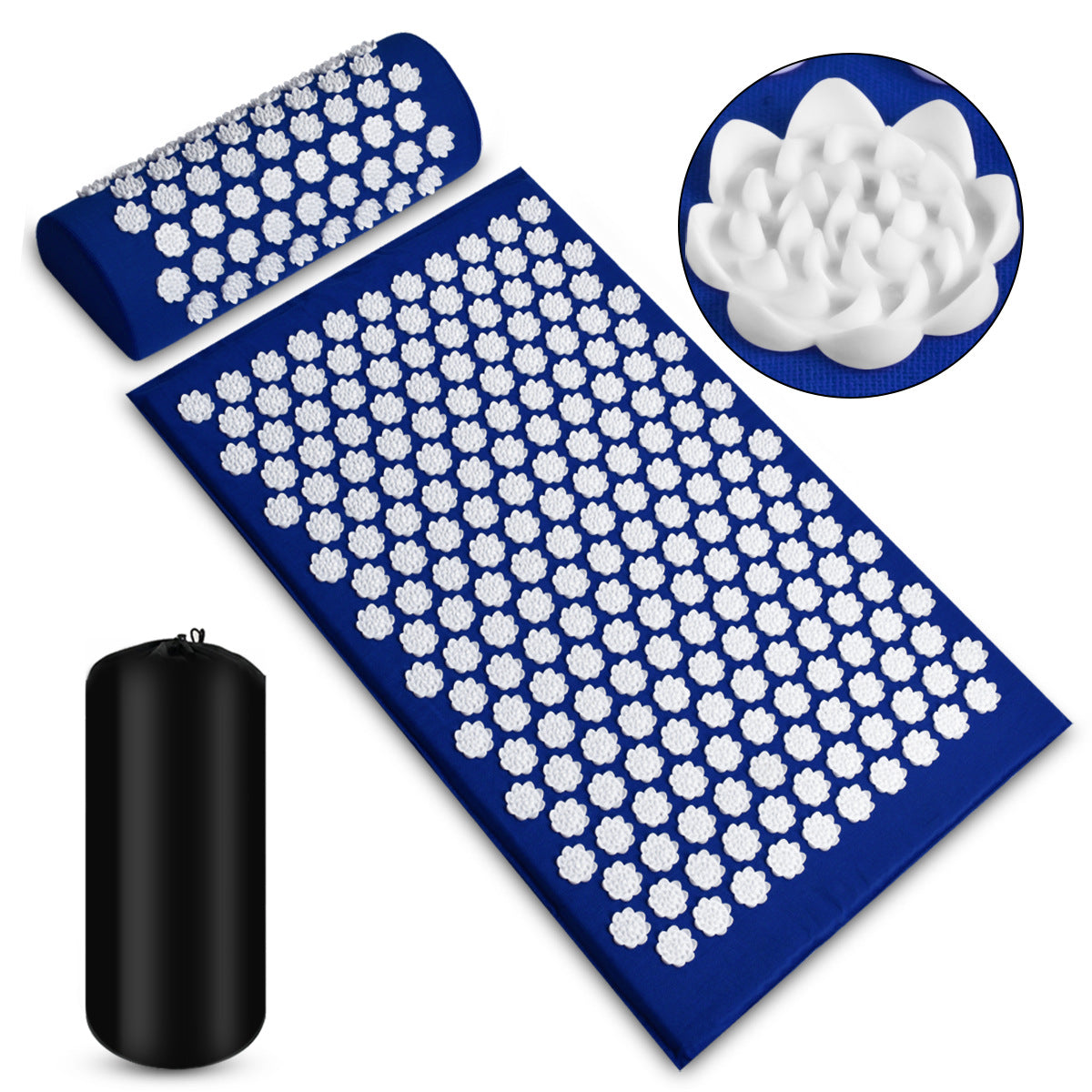 Blue Acupressure Mat with gentle white lotus, set comes with body mat, neck pillow, carrying bag - pain gates theory, pain relief, acupressure