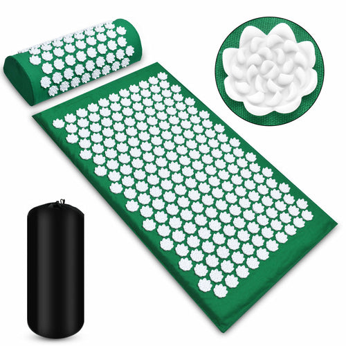 Green Acupressure Mat - with gentle white lotus, set comes with body mat, neck pillow, carrying bag - pain gates theory, pain relief, acupressure - home  office  health