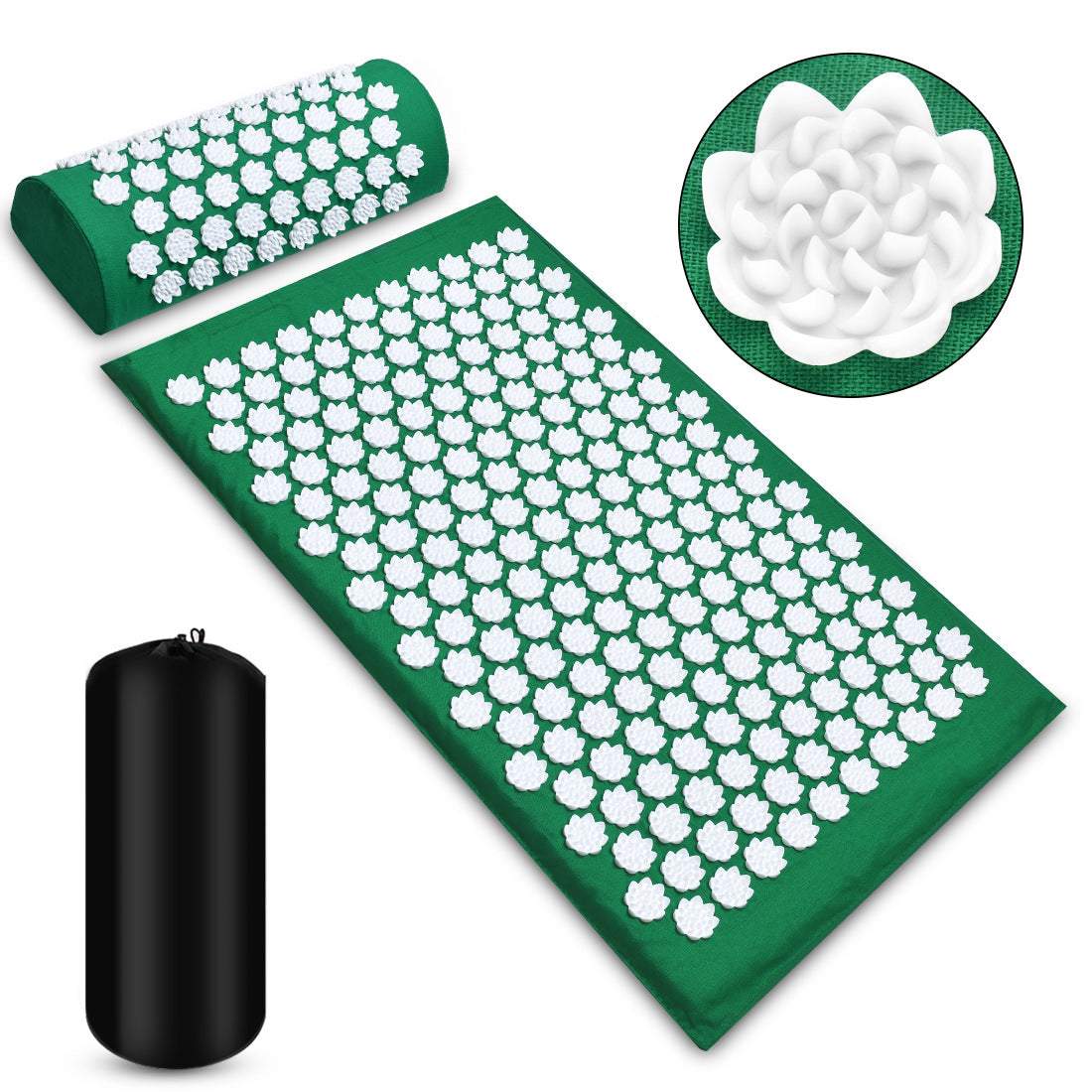 Acupressure Mat - home • office • health - green accupressure mat shown with white lotus; come with a black bag for easy transport; close up show high quality of materials
