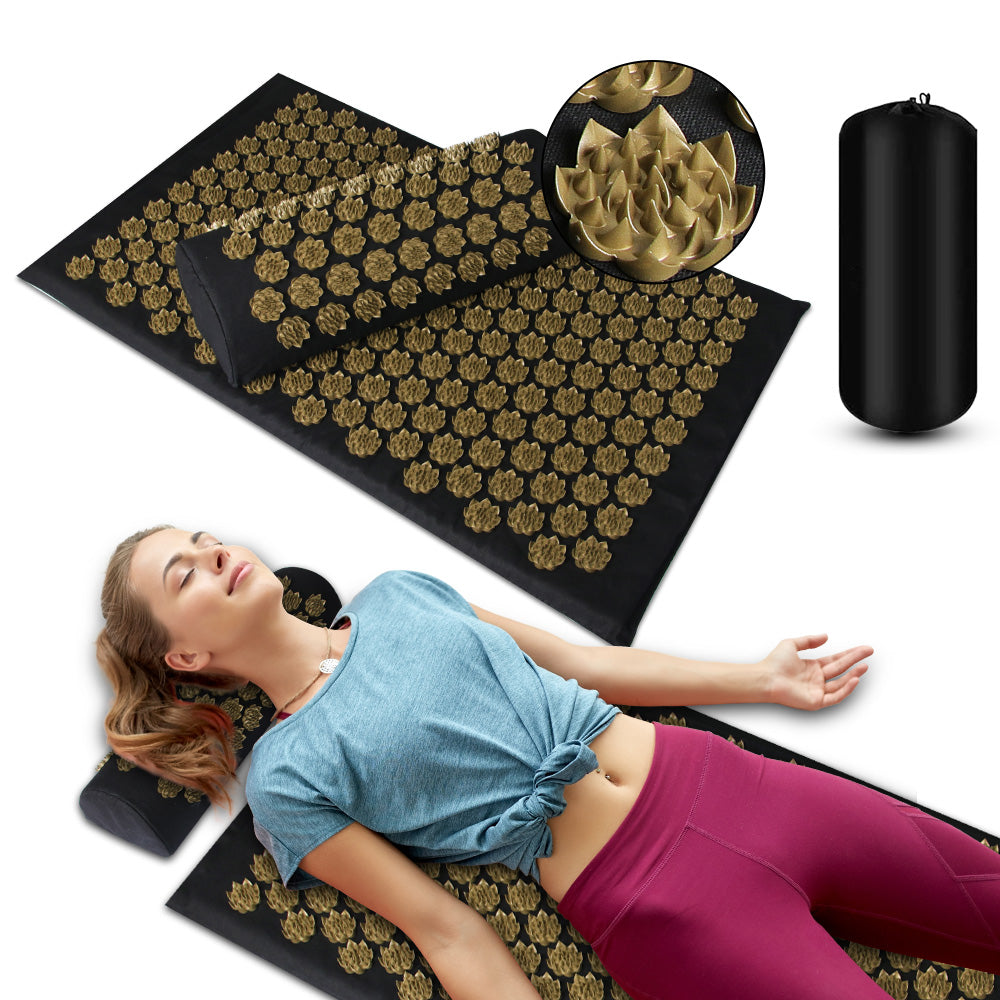 Acupressure Mat - black mat with gold lotus, pillow, mat, and carrying bag included