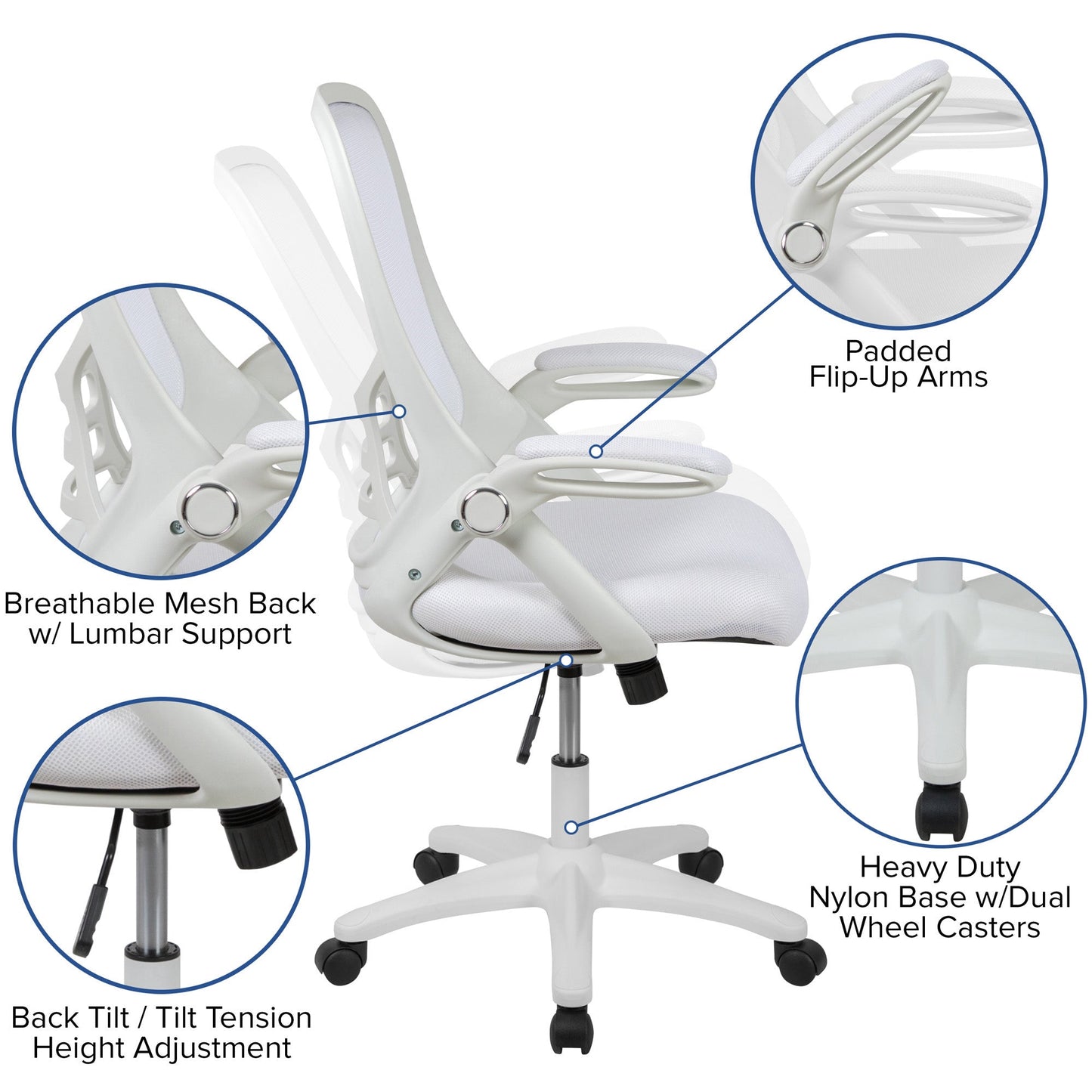 High Back White Mesh Ergonomic Swivel Office Chair with White Frame - home • office • health